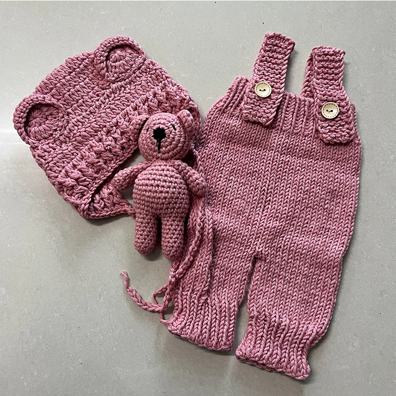 Halloween Oufits Baby Photography Clothing Hand-knitted Suspender Jumpsuit and Bear Hat Teddy Bear Dolls Decor Photoshoot Props