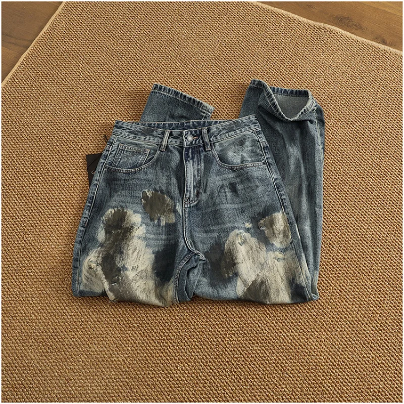 

High street trendy brand loose straight leg pants for men's fashion, handmade ink splashed dyeing, heavyweight retro denim pants