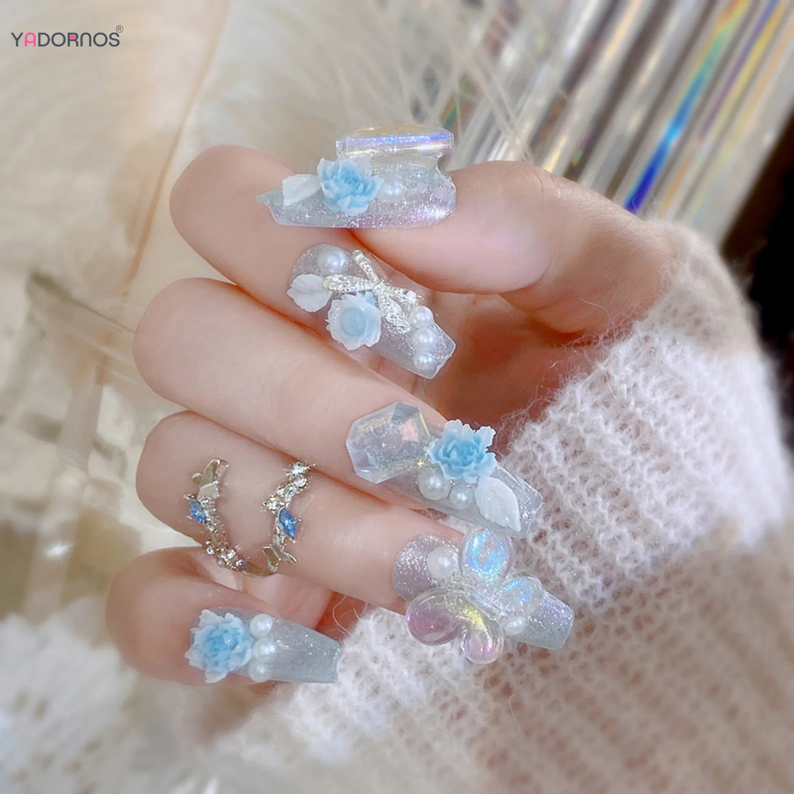 Light Blue เล็บปลอมยาว Ballerina กดบนเล็บดอกไม้สีฟ้าผีเสื้อ Designs เกาหลีแฟชั่นเจ้าสาวงานแต่งงาน Charms เล็บ Art