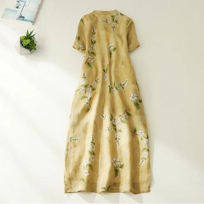 Grote maat katoen linnen print split Dr stand kraag ort Sve lange rok zomer dames retro woon-werkverkeer Sle