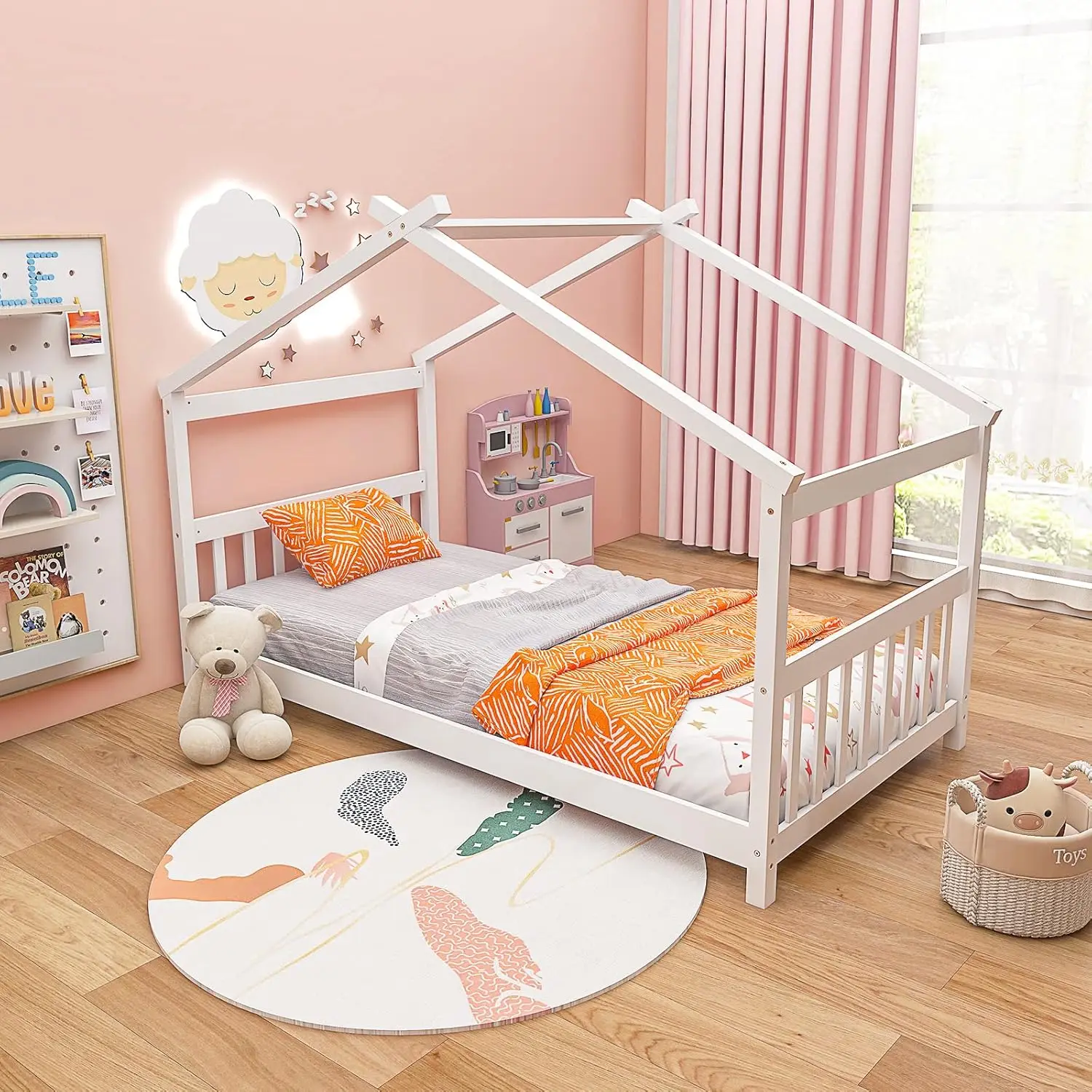 

Giantex House Bed Twin, Solid Wood Kids House Bed with Roof, Headboard and Footboard, Low Floor Twin Bed Frame for Toddlers