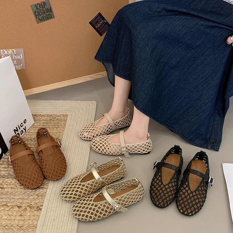 Women Hollow Out Mesh Mary Jane Flats Breathable Cutout Flat Shoes with Buckle Strap Casual Summer Sandals for Women Brown Black