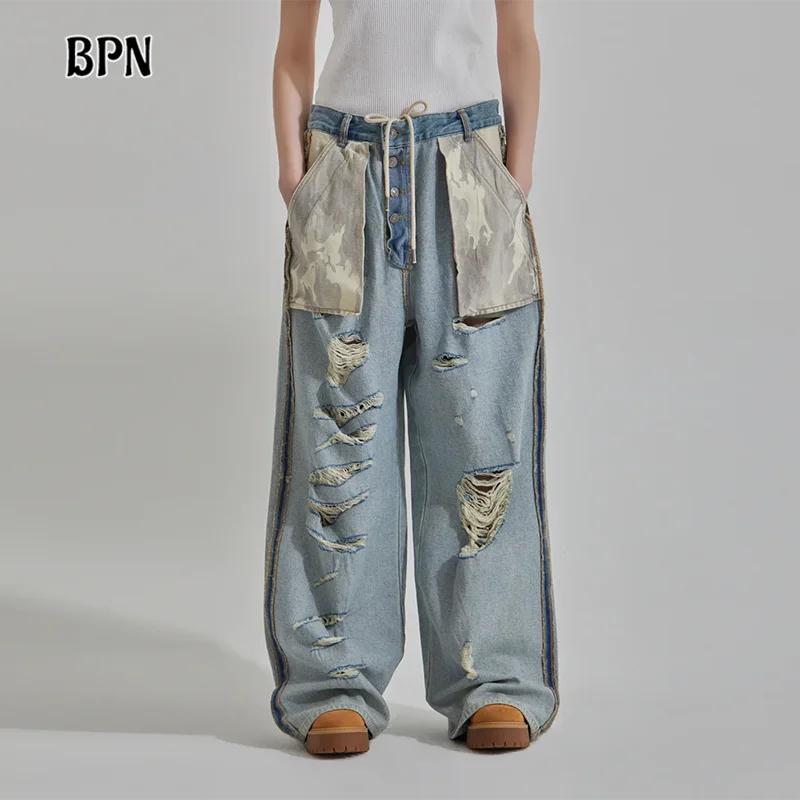 

BPN Patchwork Pockets Hollow Out Denim Trousres For Women High Waist Spliced Button Loose Wied Leg Pant Famele Fashion Style New