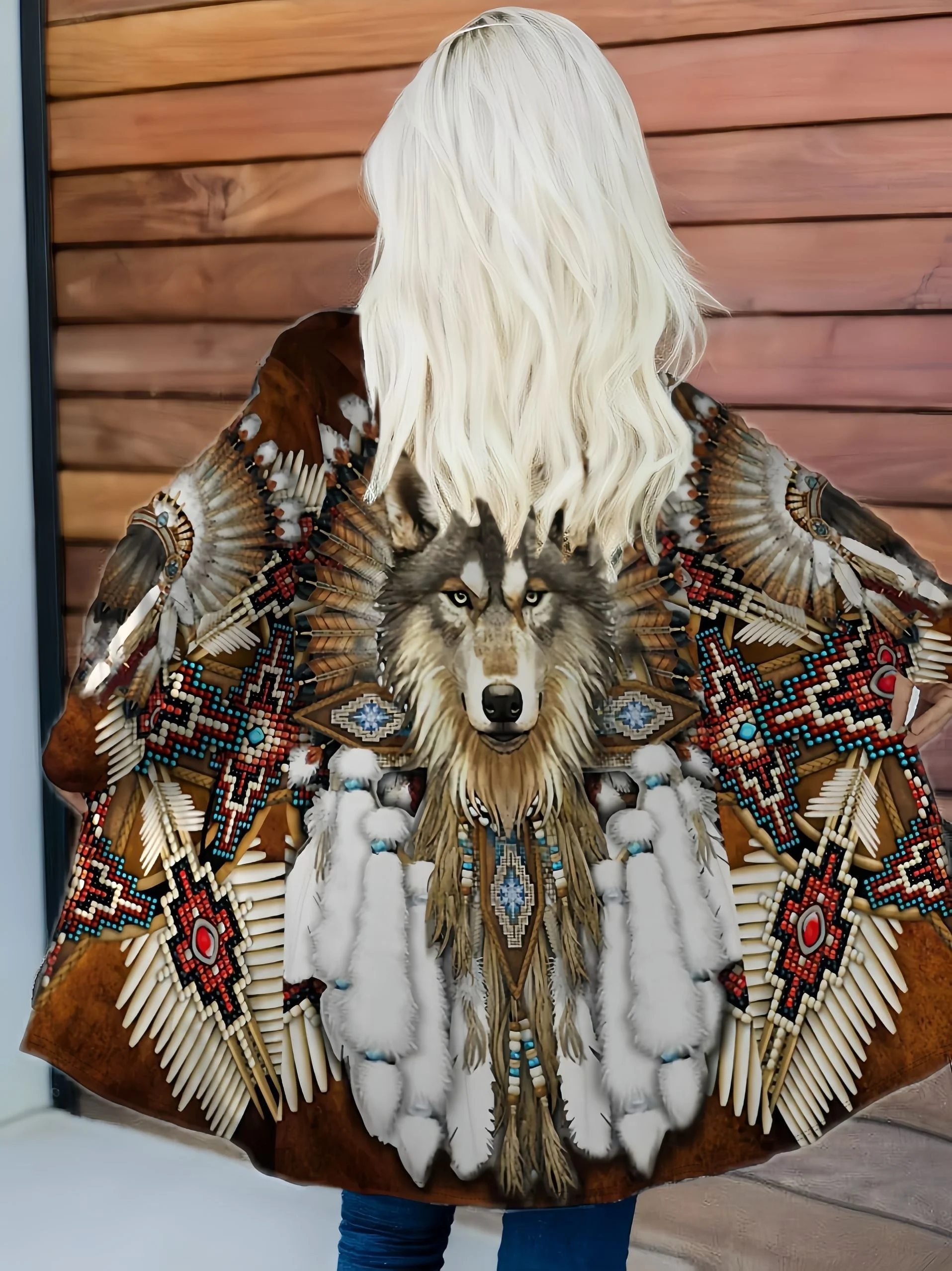 ヴィンテージ レディース エスニック ウルフ プリント 長袖 カーディガン、ポリエステル オープンフロント、軽量 カバーアップ、春秋 カジュアル コート