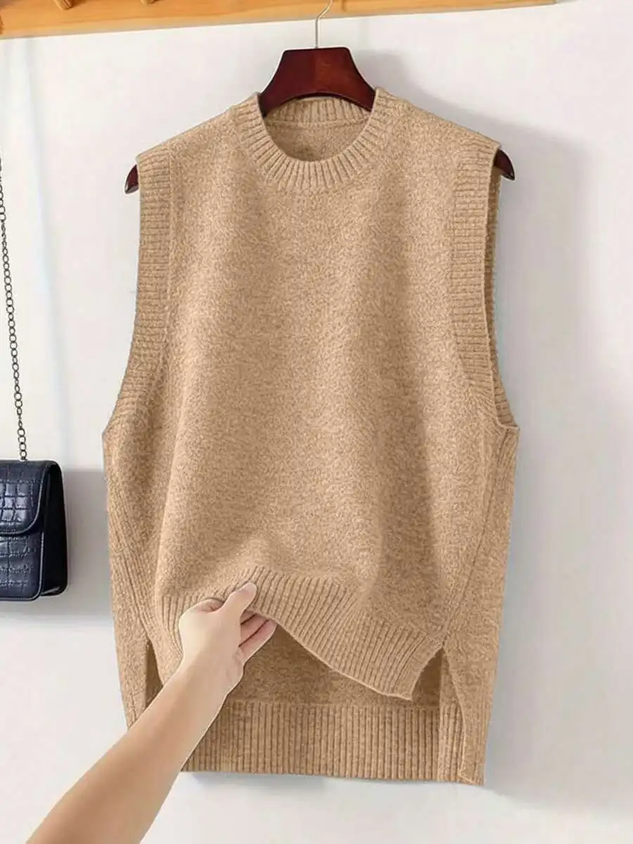 Men's Knit Sleeveless Vest - Crew Neck, Side Slits, Casual Solid Color Sweater