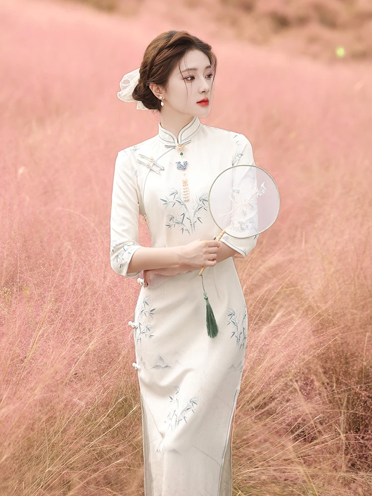 

Новое китайское платье Ting Yue Ling для молодых женщин, дизайнерское, с длинными рукавами, с низким разрезом, для повседневной носки