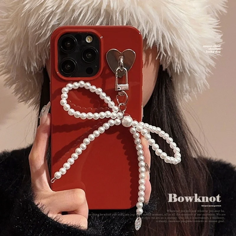 

Pearl Bow Pendantiphone17Mobile phone shell for iphone15promaxPrincess Style11New Year Red16Silicone