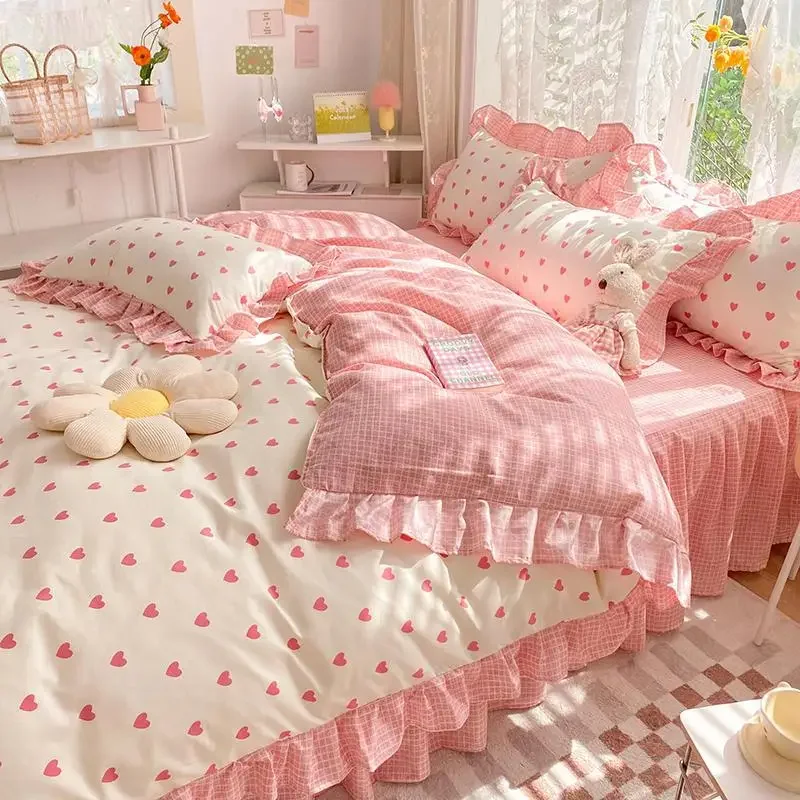 

Pink Korean Princess Bedding Set No Filling Cute Strawberry Duvet Cover Checkerboard Single Queen Size Bed Linen Pillowcases