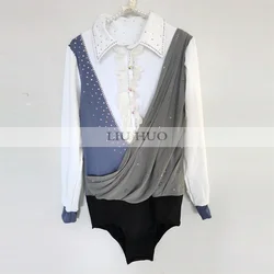 LIUHUO Figure Skating Top Men's Boys' Ice Performance Costume Competition Long Sleeve Dance Leotard Children White Grey Roller