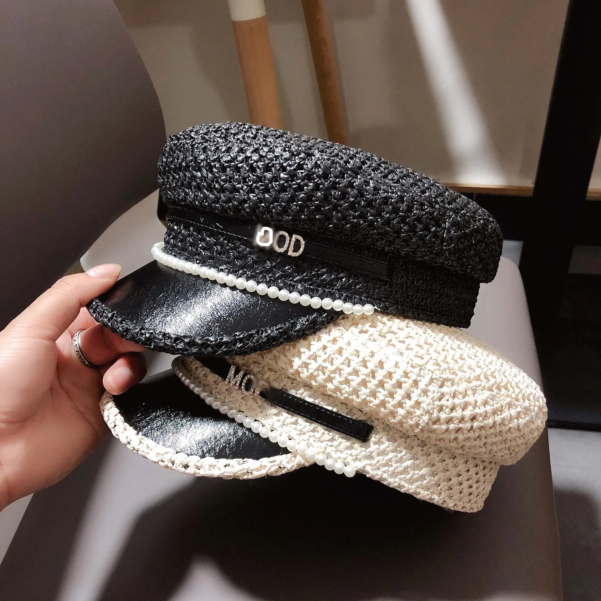 

New Letter Female Spring and Summer Thin Section Breathable Straw Beret Korean of The Rhinestone Peaked Cap Flat Navy Hat