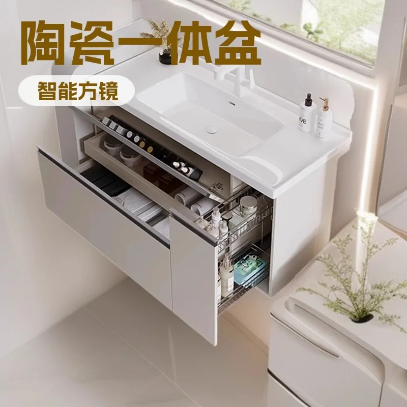 Japanese-style large storage bathroom cabinet combination drawer pull basket wash hand face table ceramic integrated basin whole