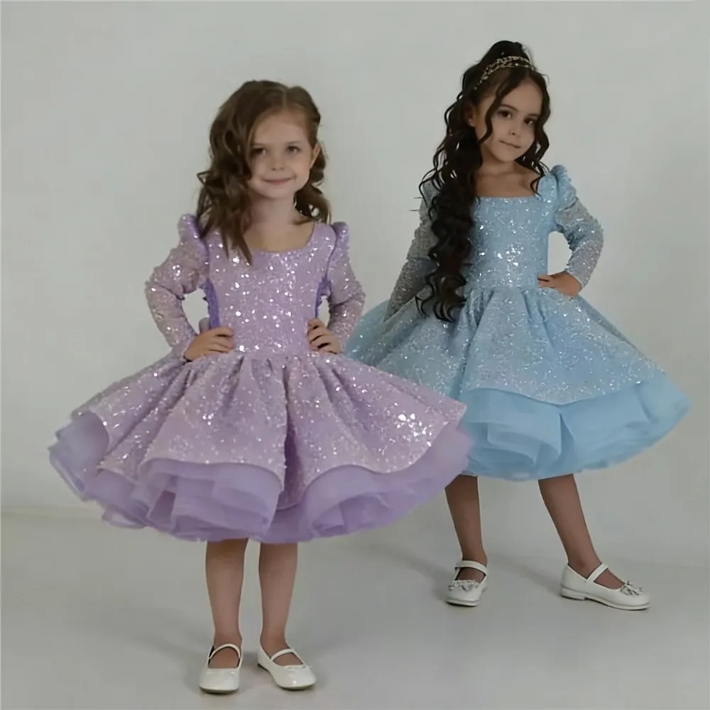 Luxe bloemenmeisje trouwjurk lovertjes met strik volledige mouwen knielengte kinderverjaardagsfeestje eerste communiejurk op maat