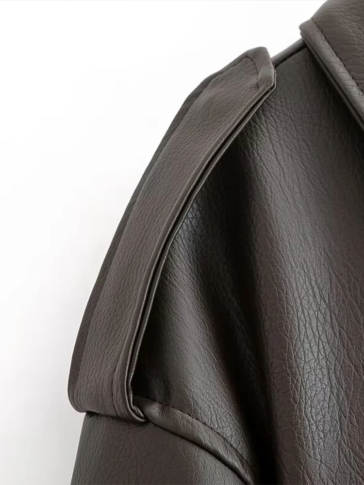 Estilo europeu nova moda feminina versátil temperamento cinto lapela decorativa jaqueta de couro de comprimento médio