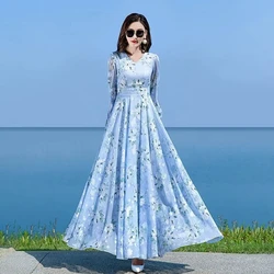 Floral Chiffon Long-Sleeved Dress Female 2023 Spring New Waist Big Swing Dress Slim Temperament V-neck Slim Long Dress Female