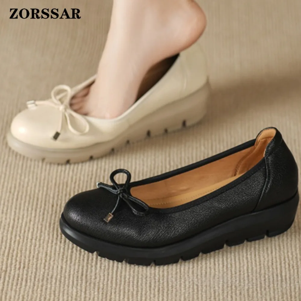 

Women's Bow Decor Platform Flats Genuine Leather Soft Sole Comfortable Walking Mom Shoes Casual Daily Ladies Beige Footwear