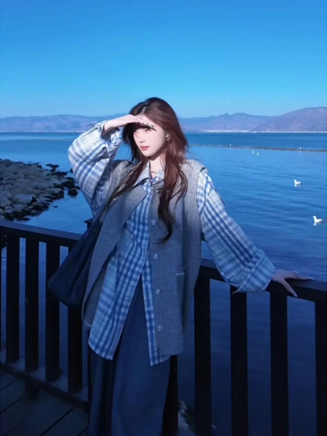 

Loose Fit Blue Plaid Long Sleeve Women's Shirt Casual Korean Style Spring Summer Cotton Polyester Blend Button up