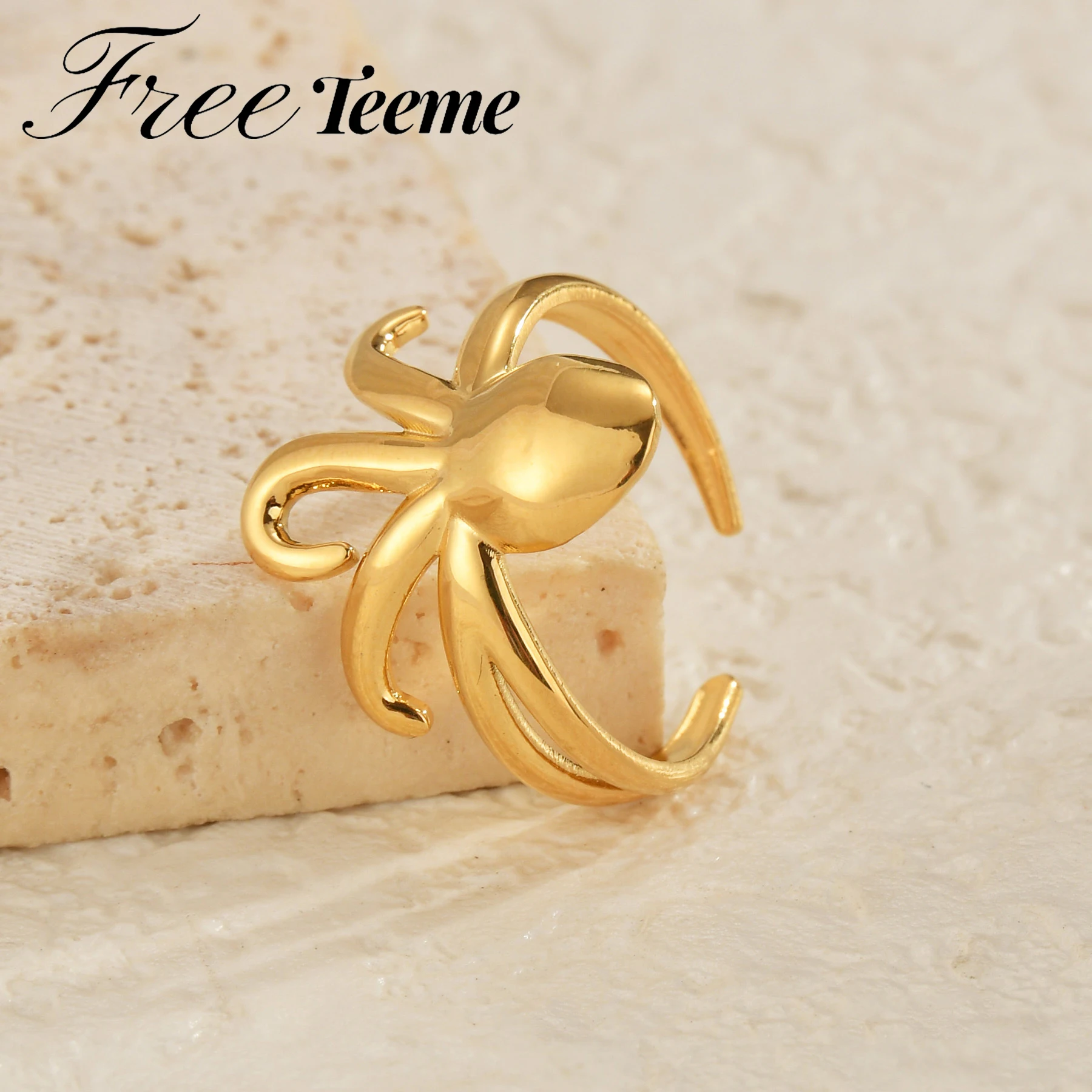 Freeteeme Anel exclusivo em formato de polvo para homens e mulheres, aço inoxidável ajustável, cor dourada, série oceano, anéis de casal, joia, presente