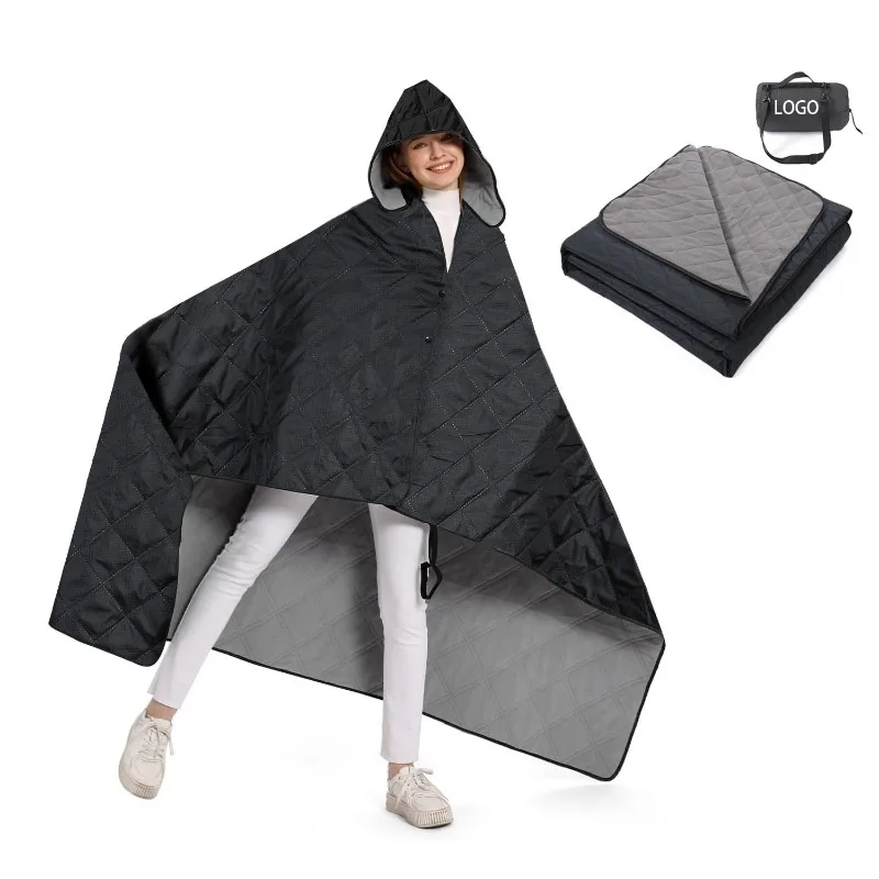 Hooded Fleece Camping Blanket Thickened Waterproof Warm Picnic Mat Oversized Outdoor Ground Rug for Travel Hiking