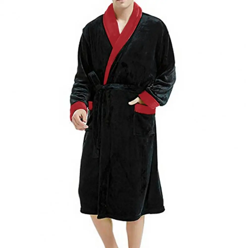 Unisex Bathrobe Luxurious Men\'s Winter Nightgown with Plush Coral Fleece Long Sleeve Robe with Tie Waist Pockets Cozy Homewear