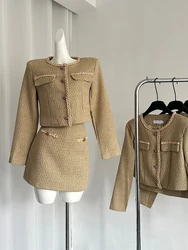 Women's Luxury Skirt Sets Vintage Long Slevee Jacket Coat with A-Line Mini Skirt 90s Vintage Y2k OL Style Set Suit 2000s Clothes