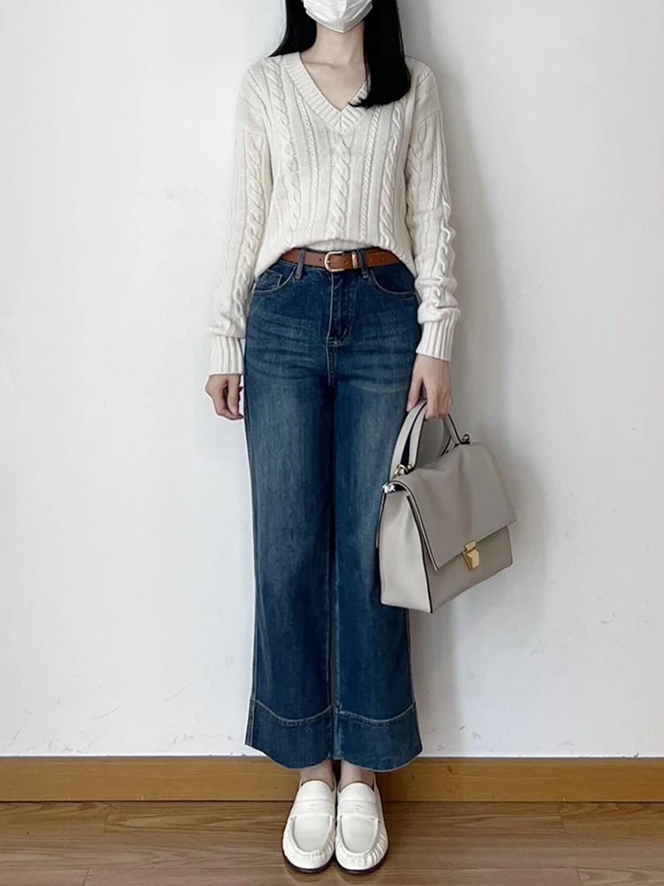 Retro Blue High Waist Straight Leg Jeans Women's Loose Wide Leg Pants Slimming Nine Points Autumn New Style Small Size