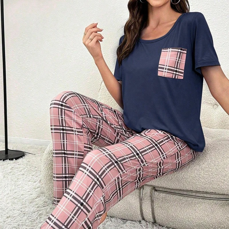 Krismile Plaid Pajama Sets for Women 2025 Summer Knit O Neck Short Sleeve Pullovers Straight Pants Homewear Loungewear Sets