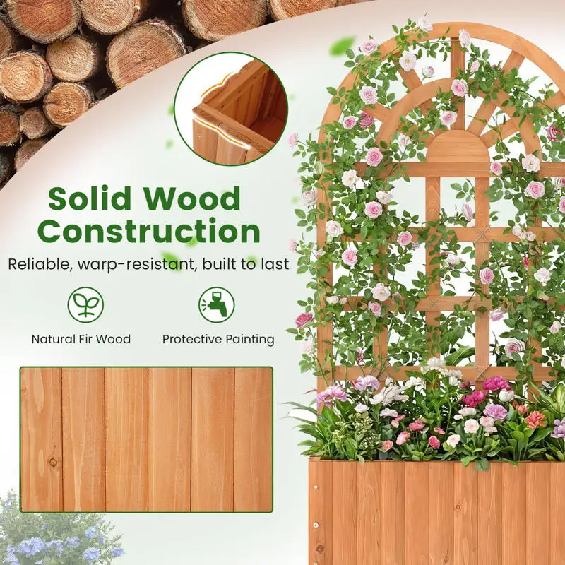 

Wooden Raised Garden Bed with Trellis 48 Inch Outdoor Screen-Brown