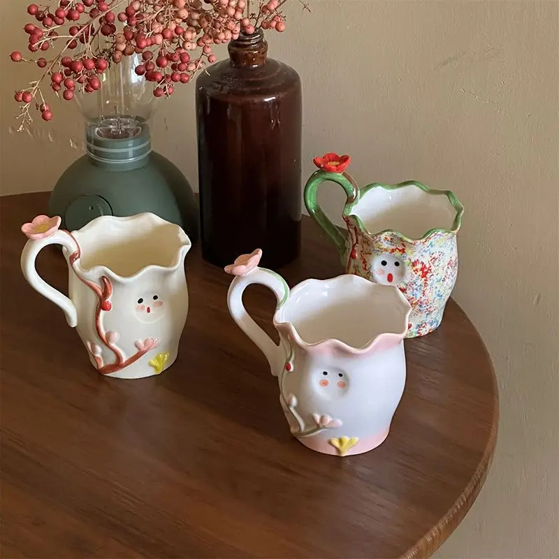 Vintage Hand-painted Underglaze Ceramic Cup, Cute Elf Flower Relief Wavy Edge Design, Home Coffee Cup, Perfect Choice for Gifts