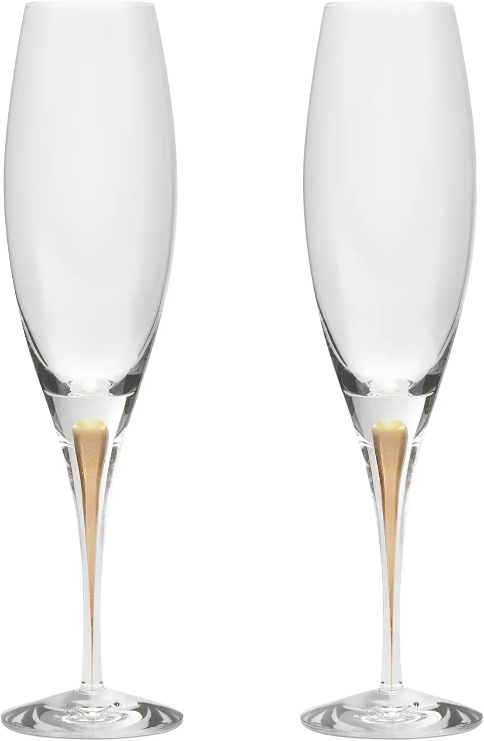 Intermezzo 7 Fl. Oz. Copas de champán con tallo - Juego de 2, con diseño de gota dorada - Cristalería de cristal para cocina y comedor, versátil