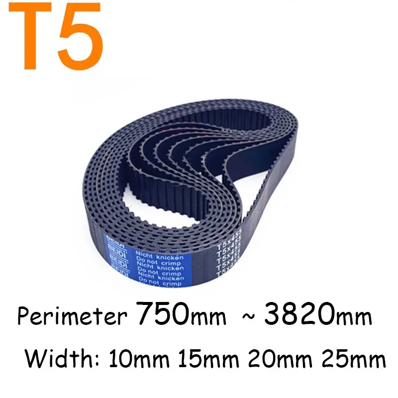 

T5 Timing Belt Rubber Closed Loop Length Perimeter 750 755 780 800 815 840 870 880 ~ 3820mm Width 10mm 15mm 20mm 25mm Pitch 5mm