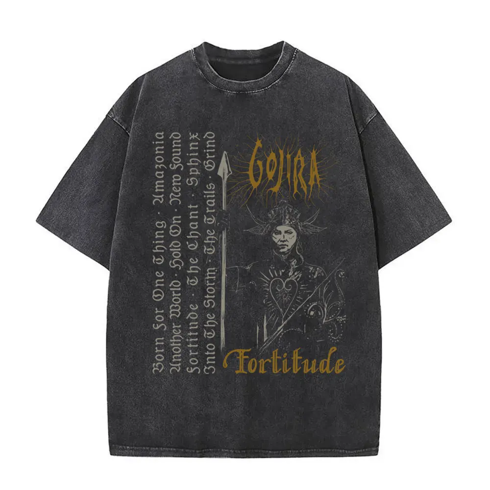 Washed Vintage Metal Band Gojira Fortitude Graphic T-shirt Men Fashion Retro Rock T-shirts Men's Casual Cotton Oversized T Shirt