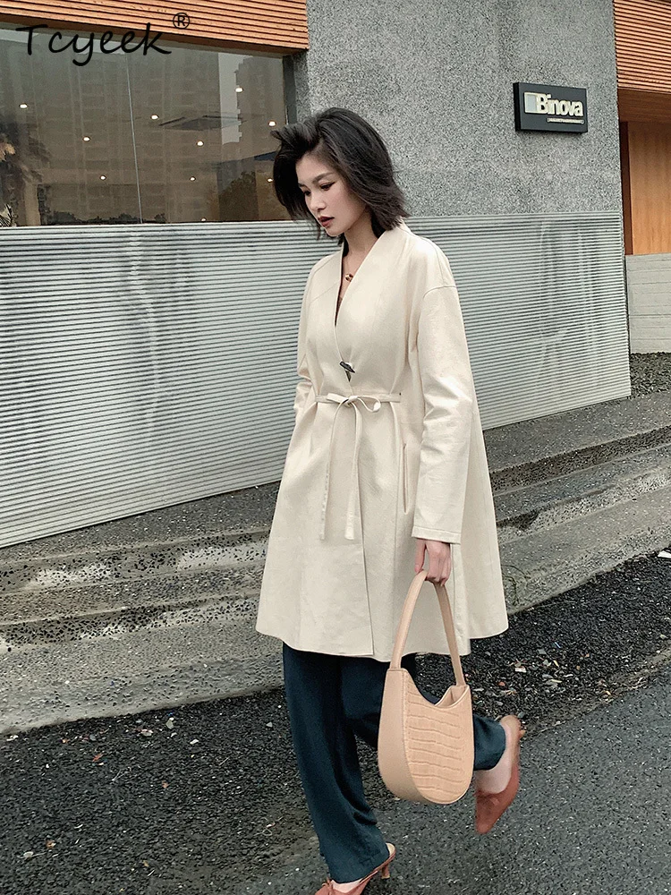 Tcyeek Echtes Schaffell Frühling Herbst Trendige Krawatte mit V-Ausschnitt Beige Mittellange Damen-Echtlederjacke Ж Ettyddydd Mohamed