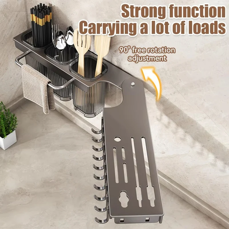 Suporte de faca multifuncional montado na parede - Prateleira dobrável para cozinha, inclui tubo de pauzinhos e armazenamento de cortador