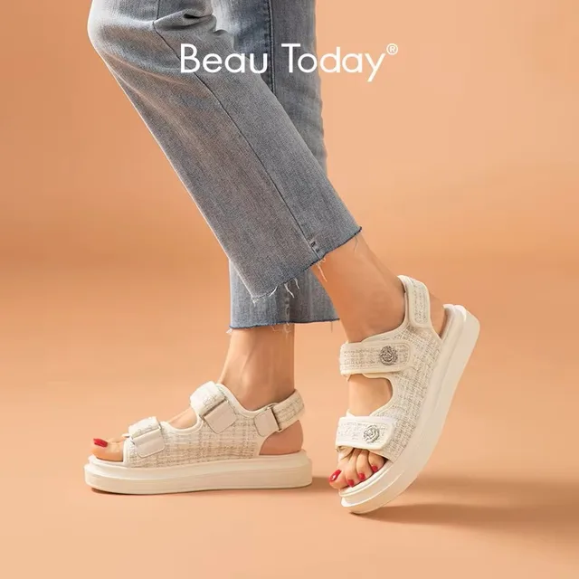 BeauToday sandały na platformie kobiety krata okrągły nosek pętli pętli tkanina w kratę letnie na co dzień panie buty outdoorowe Handmade 38161
