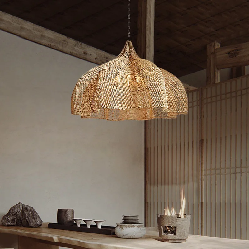 estilo japones artesanal luzes pingente tecelagem lustre de rattan para o quarto sala estar do hotel petala rattan luminaria 01