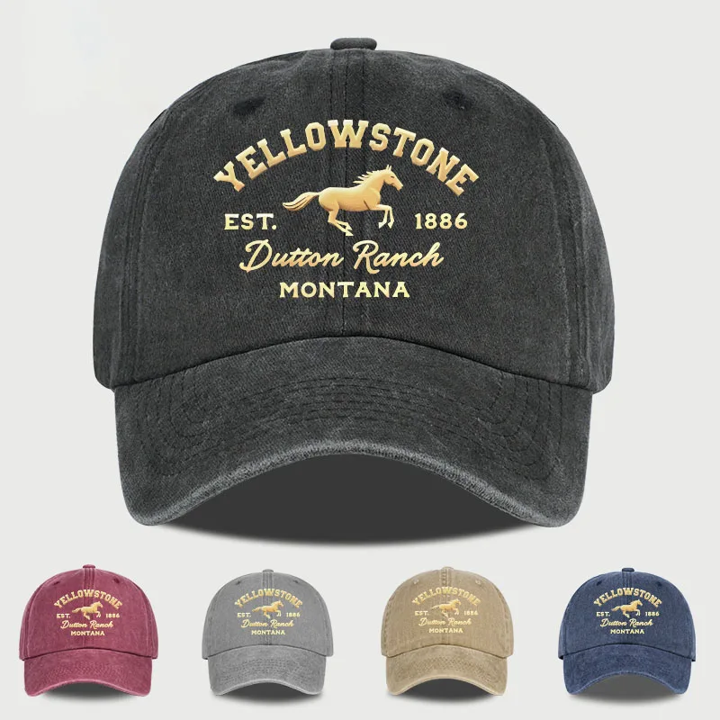 1pc Yellowstone Horse Print Washed Baseball Caps for Women Men Lightweight,Breathable,Adjustable Casual Wear Camping Yellowstone
