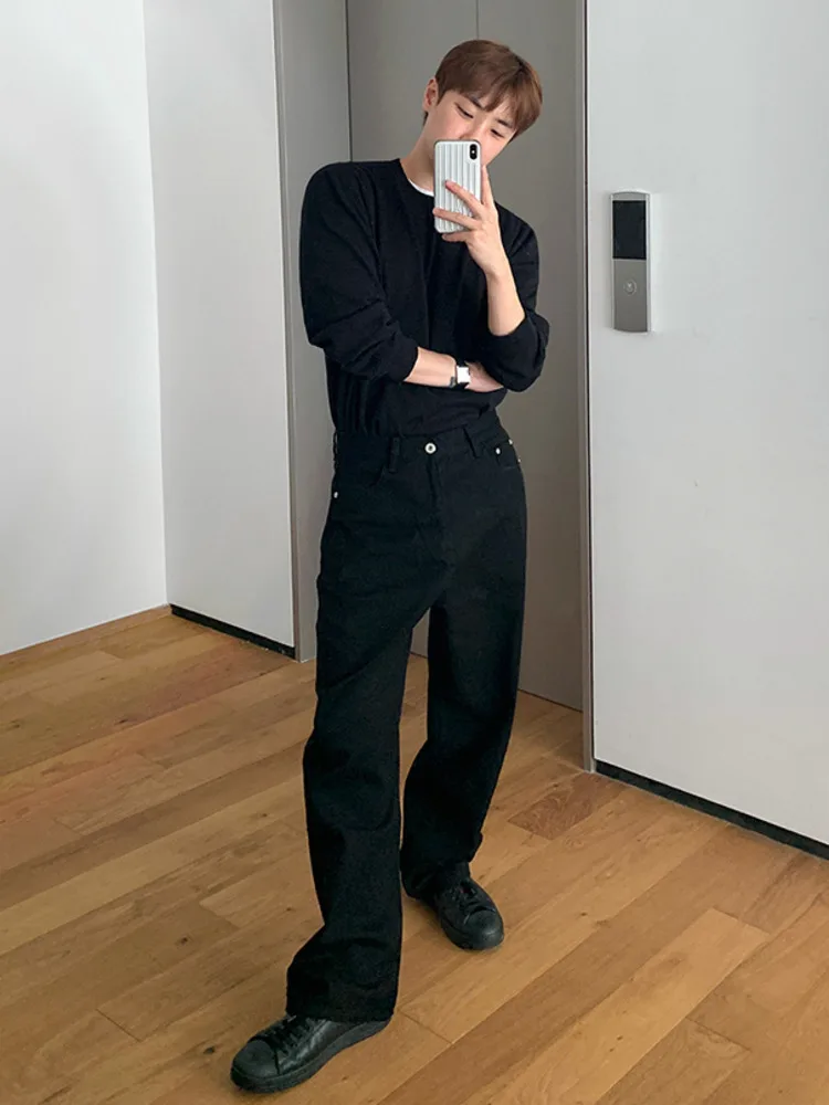 SYUHGFA 2025 الخريف النمط الأمريكي الرجال الجينز المتخصصة تصميم بلون بنطلون مستقيم واسعة الساق عادية الذكور الدنيم السراويل