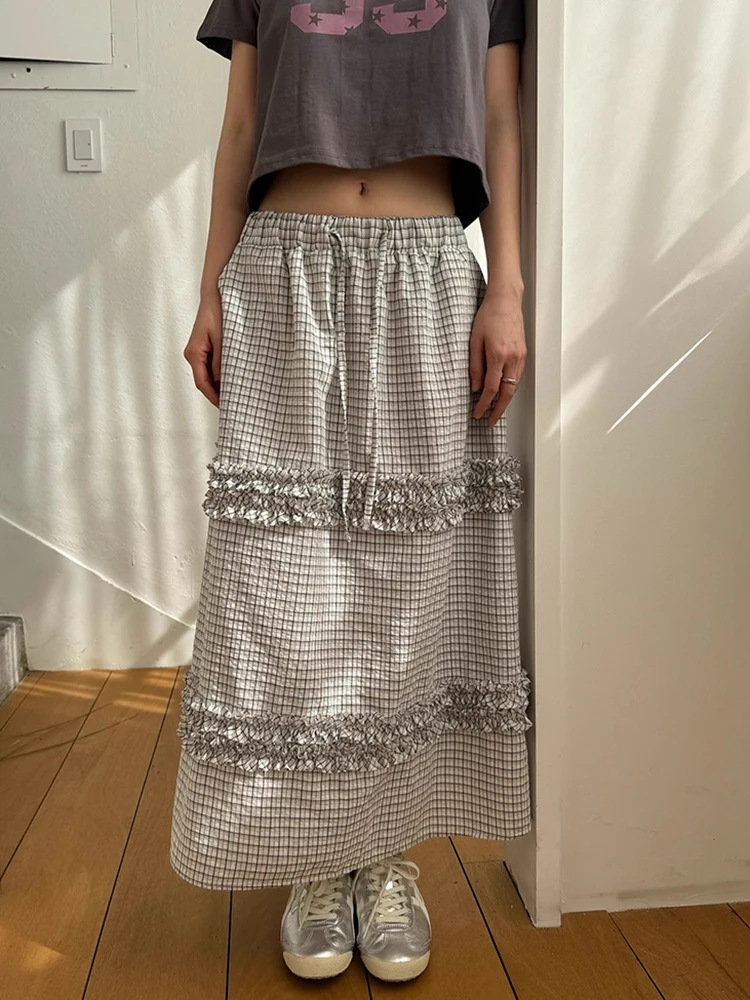 

Chic Retro Plaid Skirt with Dstring Women's High Waist Gored Skirt Korean Sle Straight Cut A-Line Skirt