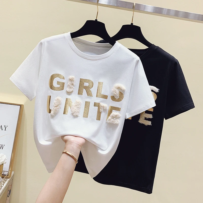 Summer Letter T Shirt Women Korean Fashion Thin Tshirt Short Sleeve Beading Print Tee Shirt Femme Tops