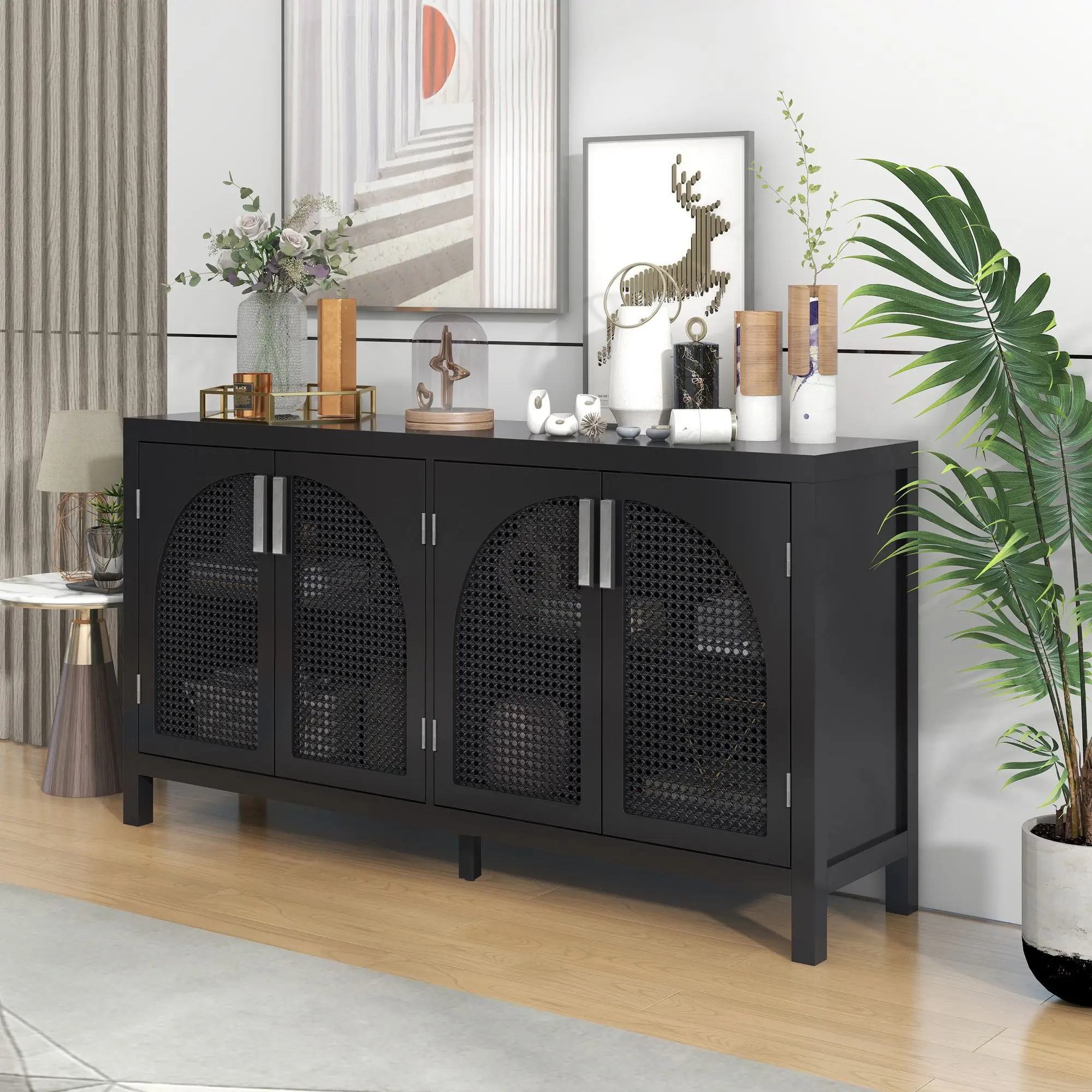 Large Storage Space Sideboard with Artificial Rattan Door and Metal Handles for Living Room and Entryway