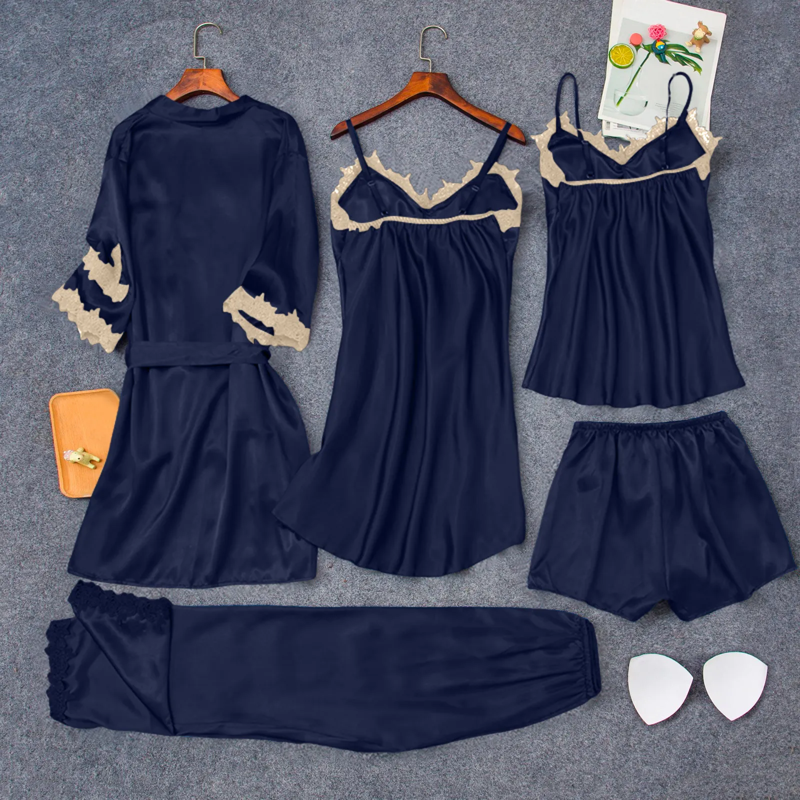 

5pcs Silk Like Pajamas Set With Padded Cups Sexy Camisole Gold Pattern Lace Trim Lightweight Ladies Soft Home Wear Loungewear