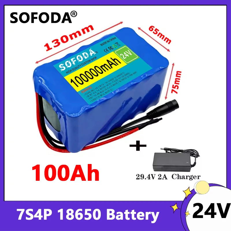 2026 24V NEW 7S4P 18650 Battery 100Ah 100000mAh for Electric Wheelchairs Rechargeable Lithium-ion Battery Pack + 29.4V Charger