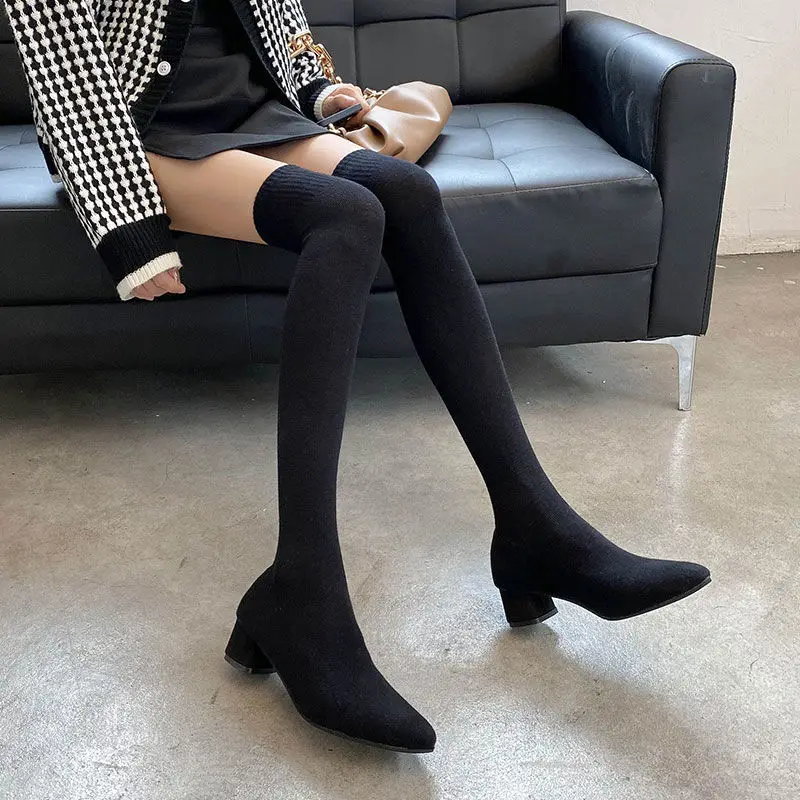 Footwear Sock Thigh High Women\'s Boots Above Over The Knee Shoes for Woman Elastic Middle Heel Waterproof Trend 2024 Gyaru Boot