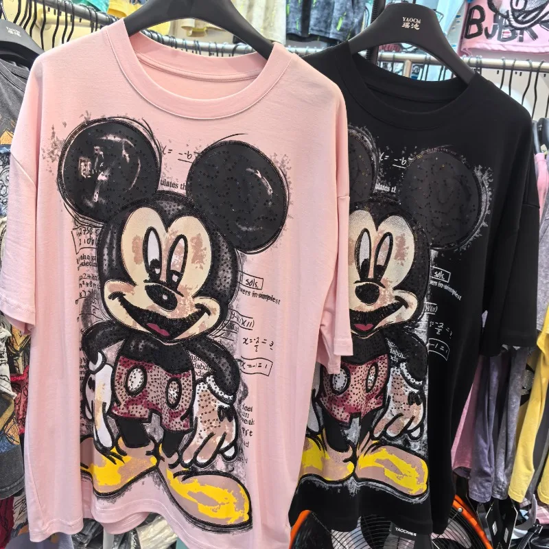 

High Quality Summer Cartoon Mickey Pure Cotton Short Sleeved T Shirt Women Loose Medium Long Casual Trendy Brand Women Clothes