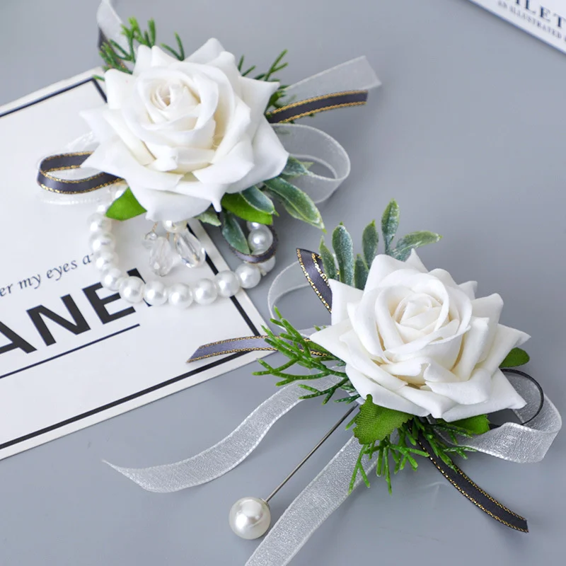 ดอกไม้ประดิษฐ์กุหลาบช่อดอกไม้ช่อดอกไม้ประดับข้อมือสำหรับเพื่อนเจ้าสาวทำมือดอกไม้งานเต้นรำงานแต่งงานงานปาร์ตี้