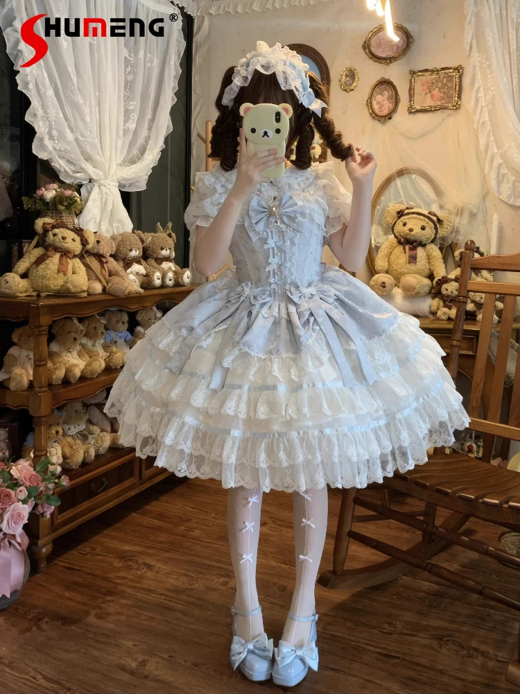 

Japanese Girl's Sweet Lolita Dress Set New Women's Cute Lace Bow Tail Mini Birthday Dress Y2k Princess Sling Dress Vestidos