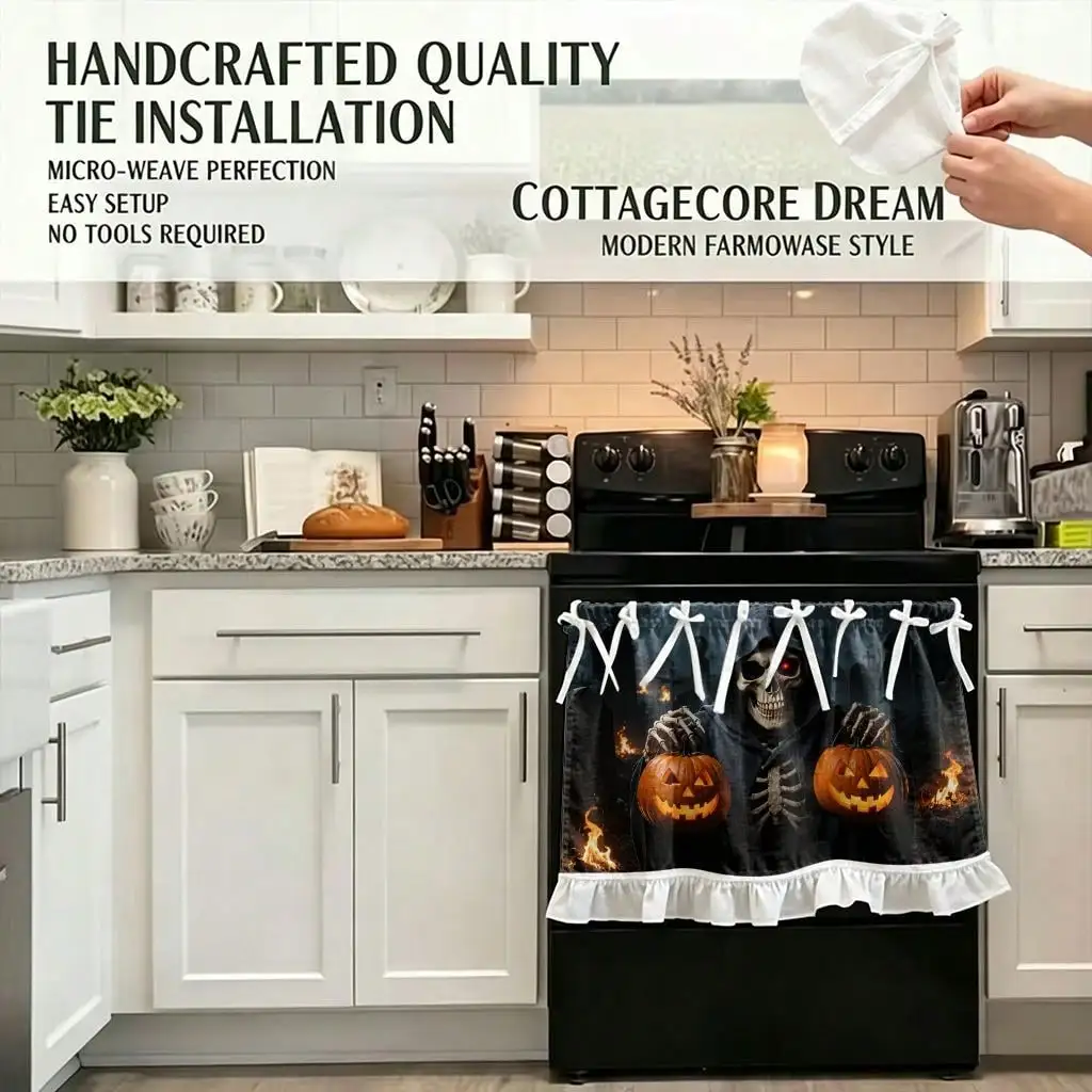 1 Piece Kitchen Stove Curtain Cabinet Curtain Halloween Theme 2D Printed Skull Portable Pumpkin Lantern Can Be Used As Stove Curtain Oven Curtain Kitchen Sink Curtain Cabinet Curtain Add Highlights To Your Themed Home