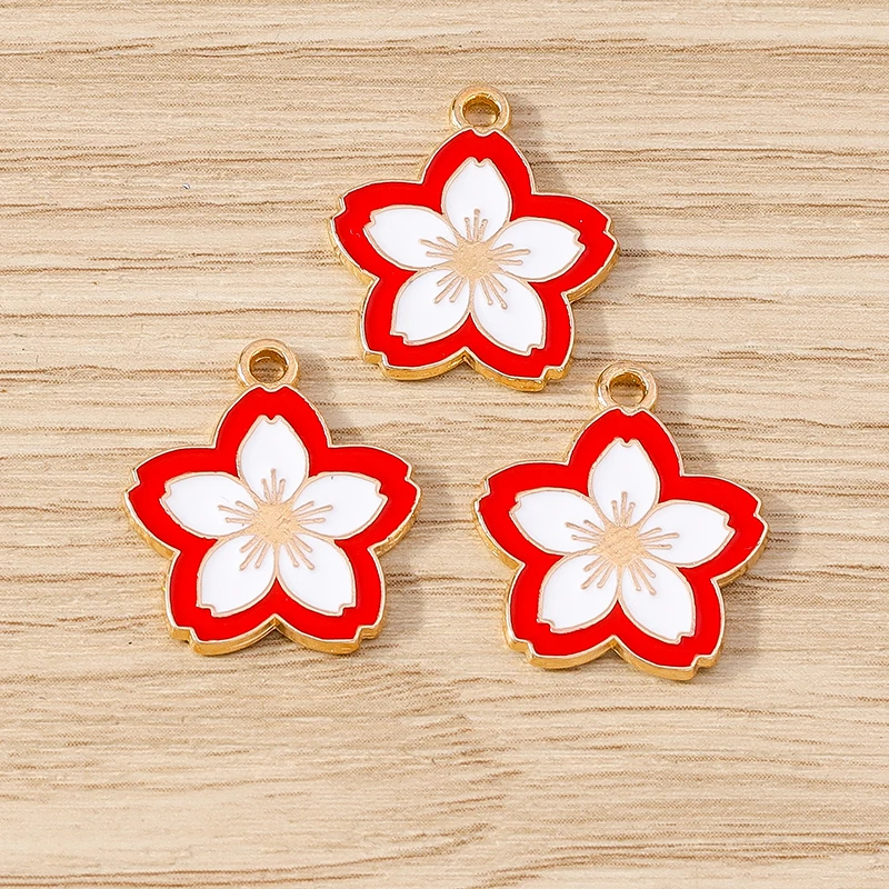 10pcs 17x19mm Fashion Enamel Sakura Flower Charms Pendants for Jewelry Making Necklaces Earrings Bracelets DIY Crafts Supplies