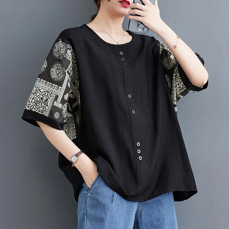 2023 Summer Casual Fashion Printed Half Sleeve T-shirt Round Neck Women\'s Clothing Vintage Loose Button Spliced Tops for Female