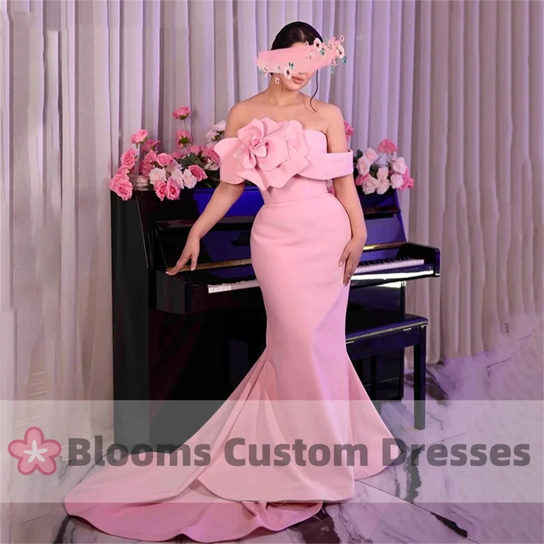 

Blooms Crepe Off Shoulder Elegant Mermaid Prom Dress Pink Floral Party Evening Gown Floor Length Custom Saudi Formal Gown